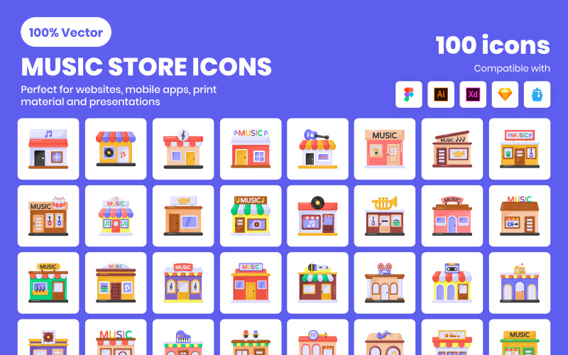 Top Trendy Flat Music Store Icons Pack Icon Set