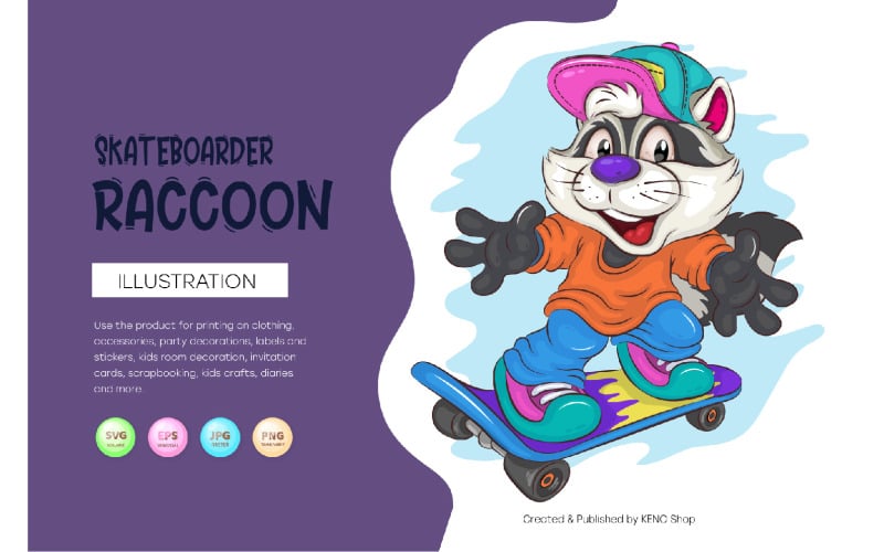 Cute Cartoon Raccoon on a skateboard. T-Shirt, PNG, SVG. Vector Graphic