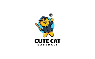 Cute Cat Baseball Cartoon Logo