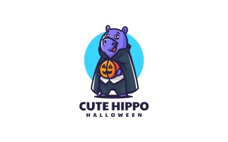 Cute Hippo Halloween Cartoon Logo