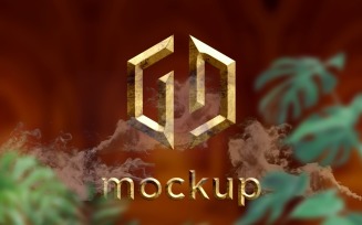 Old Golden Logo Mockup behind the green leaves Effects