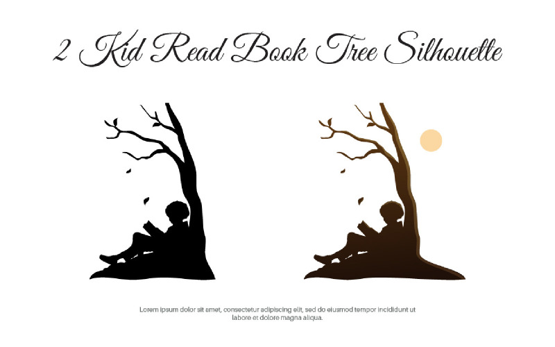 2 Kid Read Book Tree Silhouette Illustration