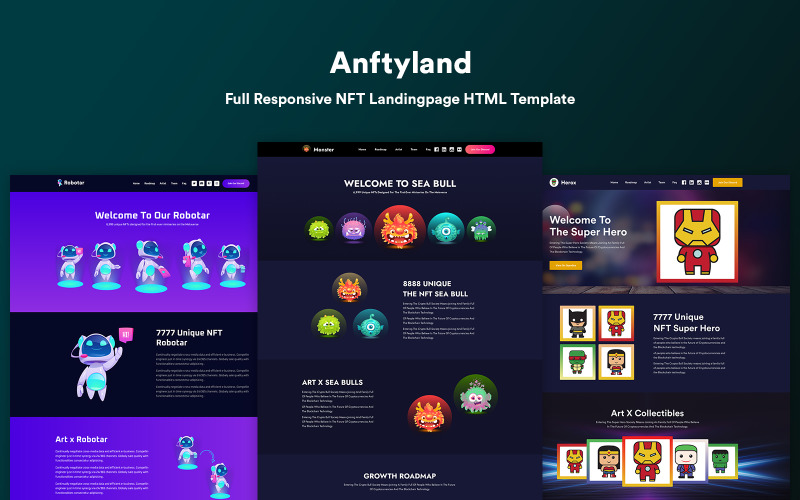 Anftyland - NFT Landing Page HTML Template. Landing Page Template