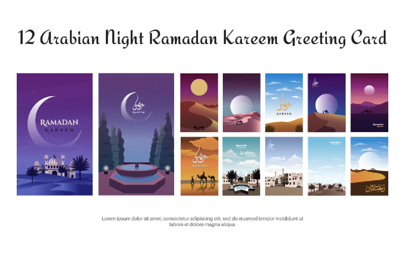12 Arabian Night Ramadan Kareem Greeting Card Illustration