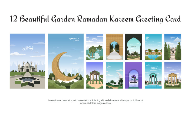 12 Beautiful Garden Ramadan Kareem Greeting Card Illustration