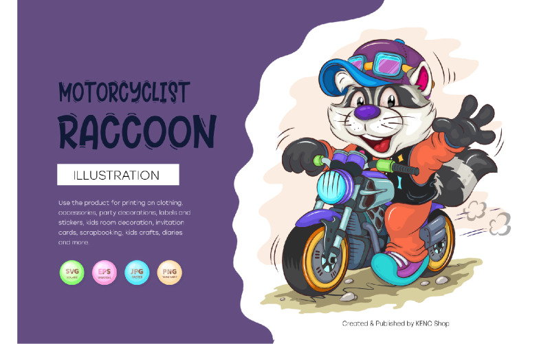 Cartoon Raccoon Motorcyclist. T-Shirt, PNG, SVG. Vector Graphic