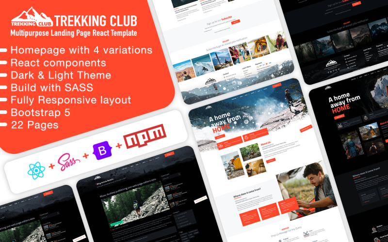 Trekking Club - ReactJS Template Light/Dark Website Template