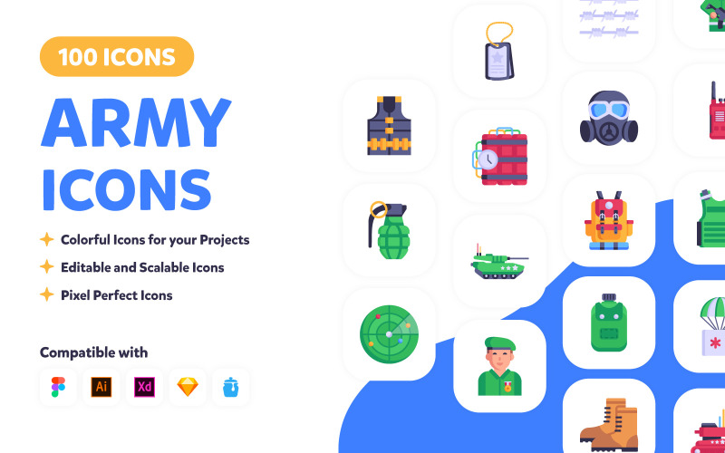 100 Army Flat Vector Icons Icon Set
