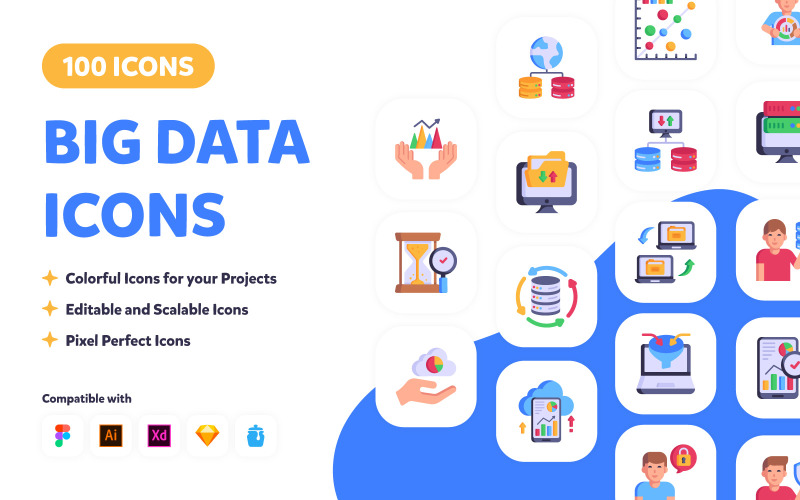 100 BIG Data and BI Services Icons Icon Set