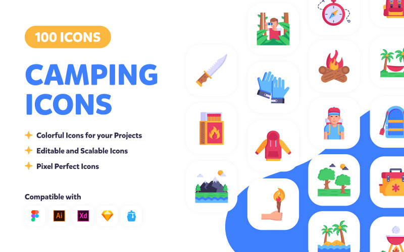100 Camping Icons - Flat Vector Design Icon Set