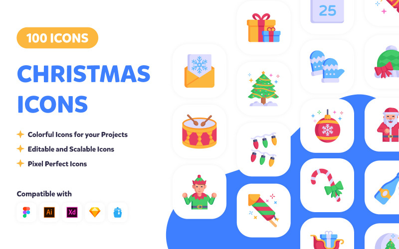 100 Flat Christmas Vector Icons Pack Icon Set