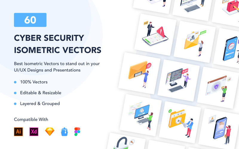 60 Cybersecurity Isometric Illustrations Icon Set