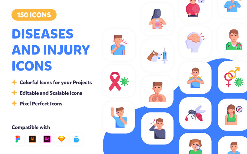 100 Flat Diseases and injury Icons Icon Set