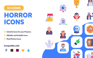 50 Flat Horror Icons-Vector Designs