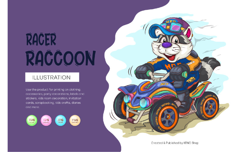 Cartoon Raccoon Racer. T-Shirt, PNG, SVG. Vector Graphic