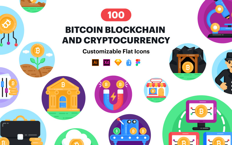 100 Flat Cryptocurrency Vector Icons Icon Set