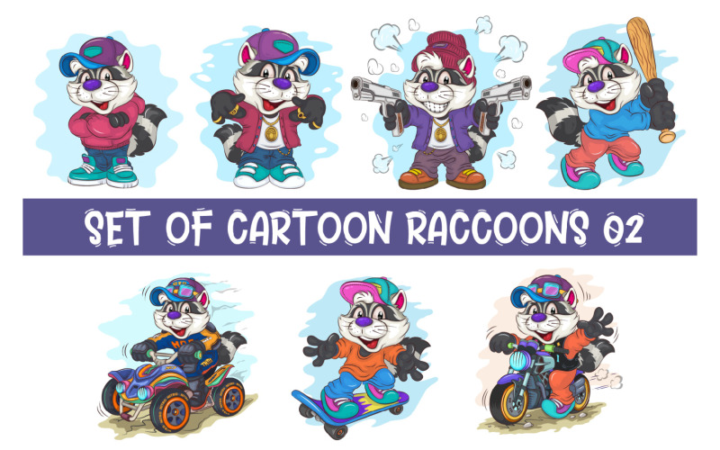 Set of Cartoon Raccoons 02. T-Shirt. Vector Graphic