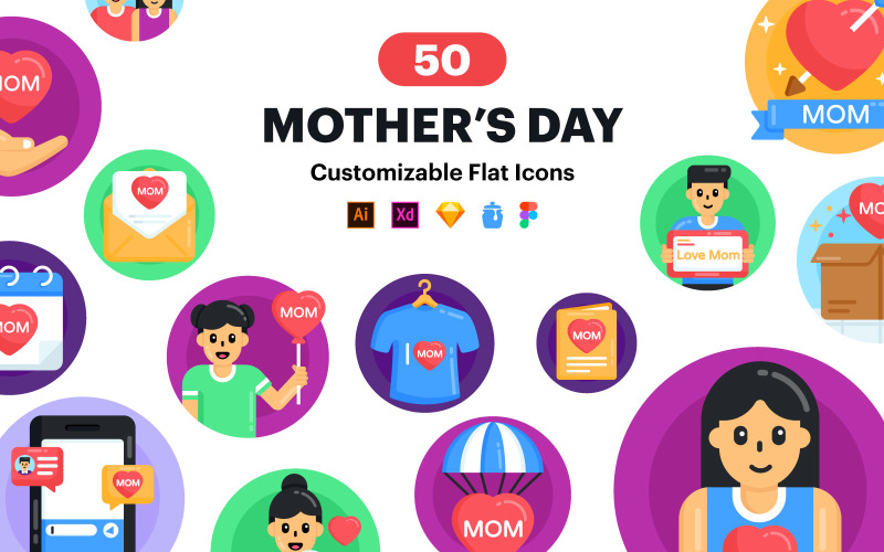50 Flat Round Happy Mother's Day Icons Icon Set