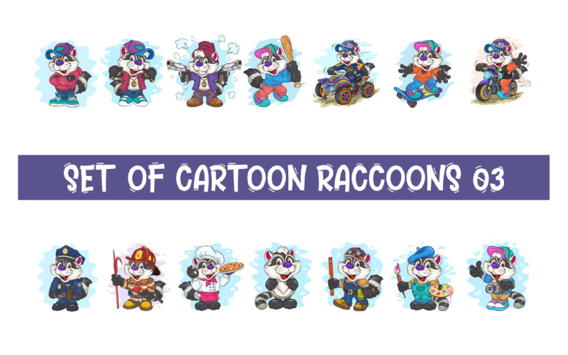 Set of Cartoon Raccoons 03. T-Shirt. Vector Graphic