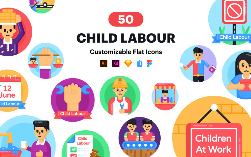 50 Child labor Vector Icons Icon Set