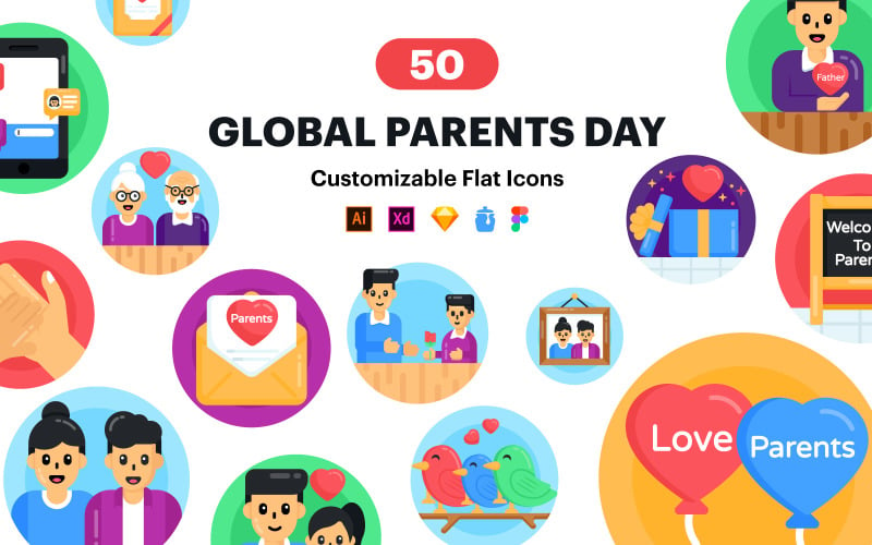 50 Global Parents Day Flat Icon Icon Set