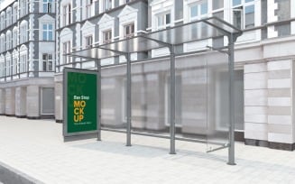 Bus Stop with 2 Sign mockup Template v2