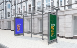 City Bus Stop with 2 Signage mockup Template v2