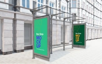 City Bus Stop with Two Signage mockup Template v2