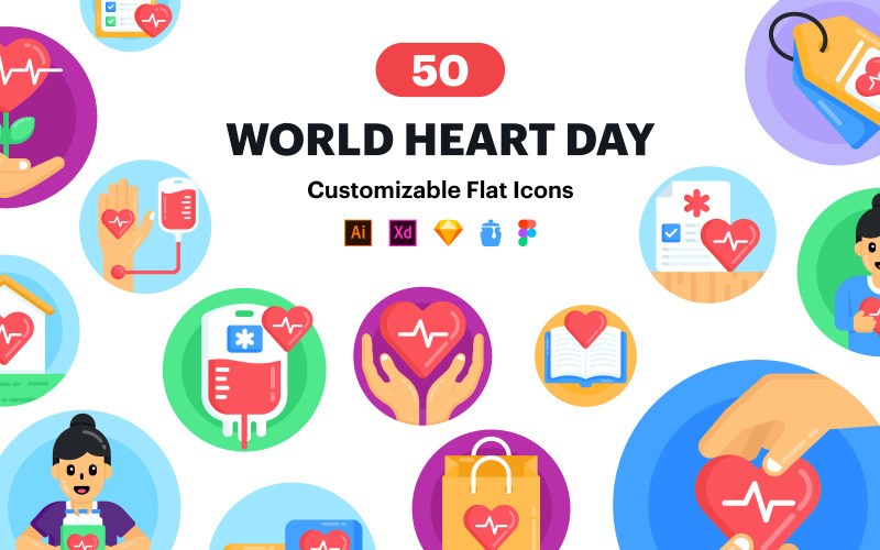 50 World Heart Day Vector Icons Icon Set