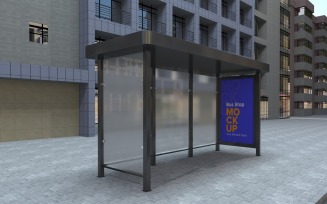 City Bus Shelter Advertising Signage mockup Template v2