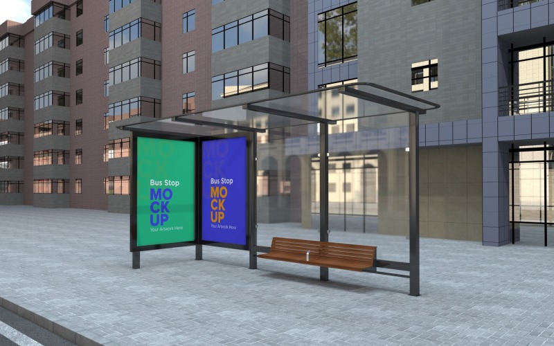 City Bus Shelter Outdoor Advertising Billboard mock Up Template v2 Product Mockup