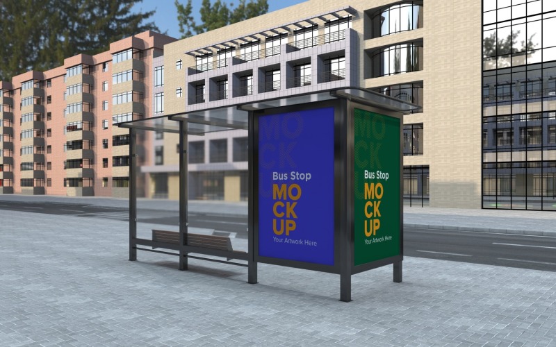 City Bus Shelter Outdoor Advertising Billboard mock Up v2 Product Mockup