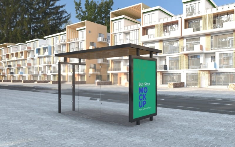 Evening View Bus Stop Signage mock Up Template v2 Product Mockup