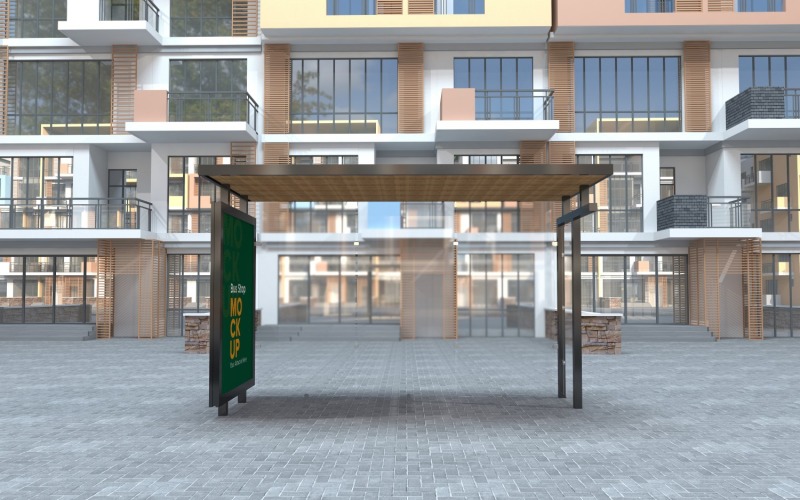 Evening View City Bus Stop Sign mock Up Template v2 Product Mockup