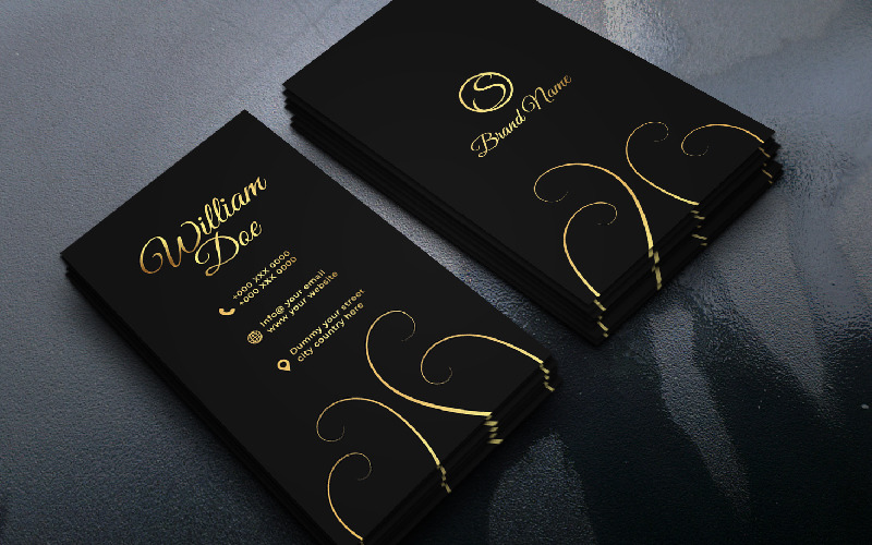 Creative Vertical Gold Black Business Card With Floral Corporate Identity