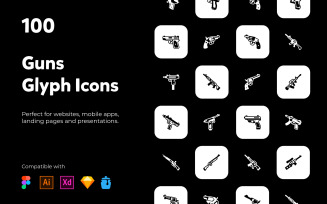 100 unique guns glyph line icons.
