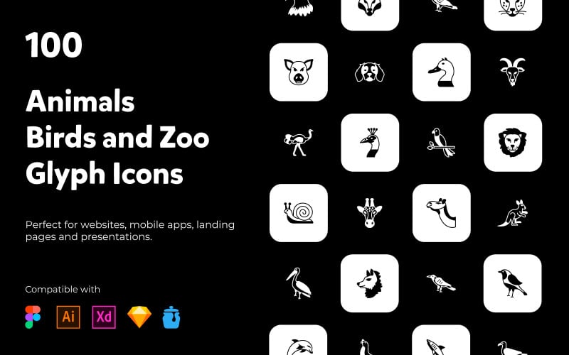 100 Animals, Birds and Zoo Icon Set