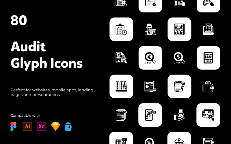 80 Audit Solid Style Icons. Icon Set