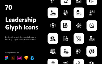 70 Leadership Icons In Solid Style.