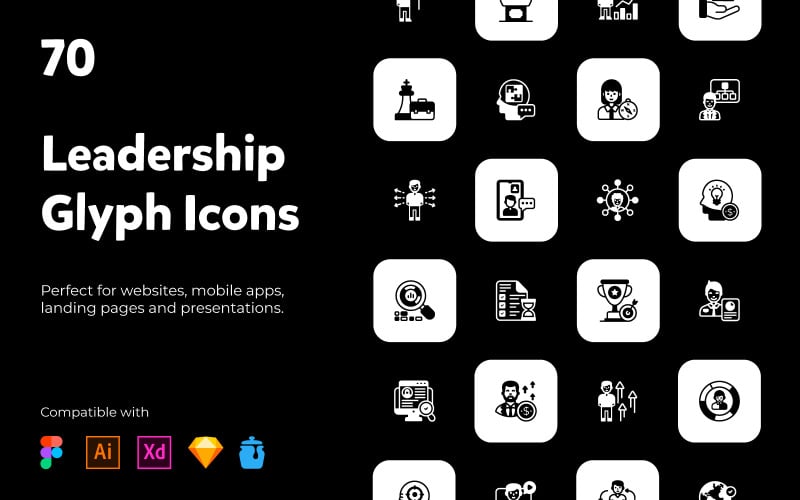 70 Leadership Icons In Solid Style. Icon Set