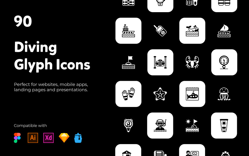 90 Glyphs for Diving and Swimming Icon Set