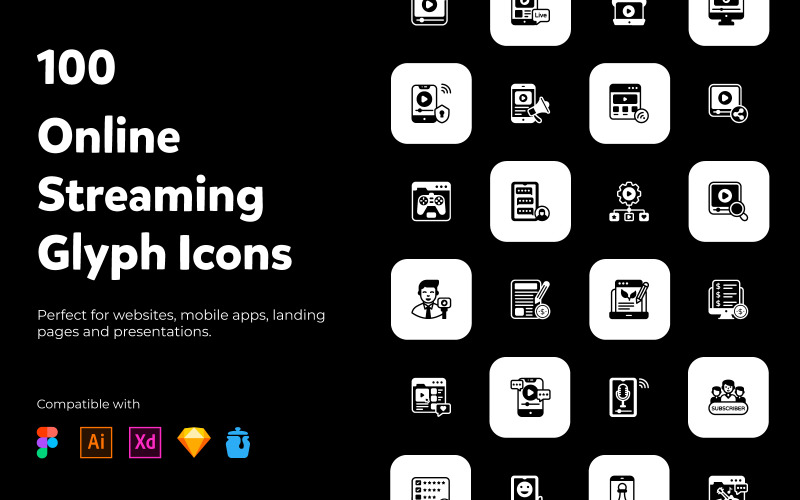 Online Streaming Glyph Icons Icon Set