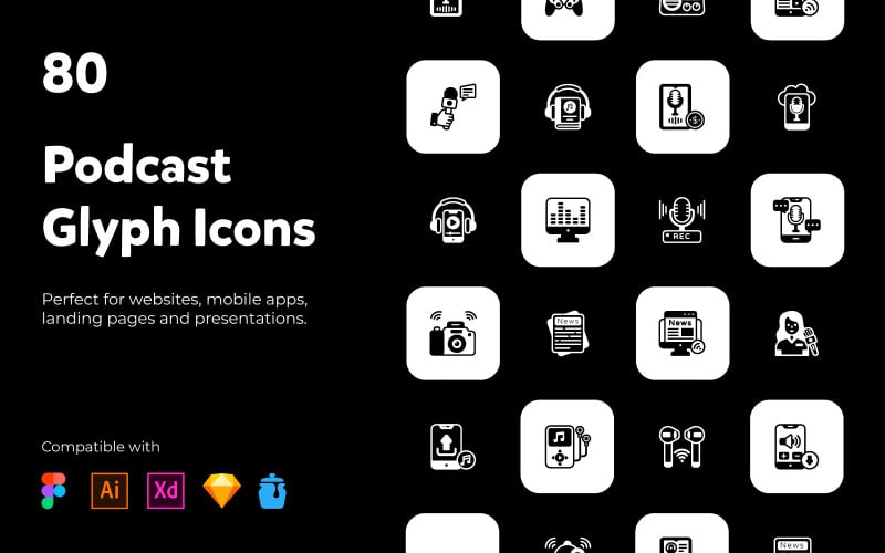80 podcast and multimedia Icons Icon Set