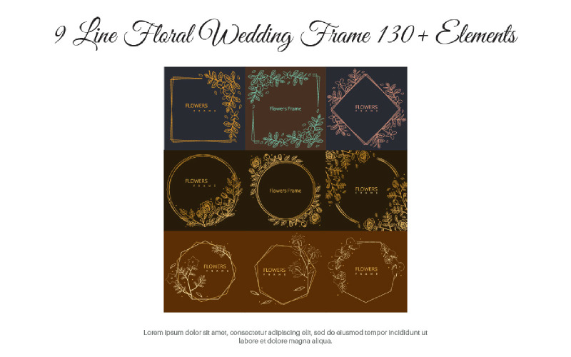 9 Line Floral Wedding Frame 130+ Elements Illustration
