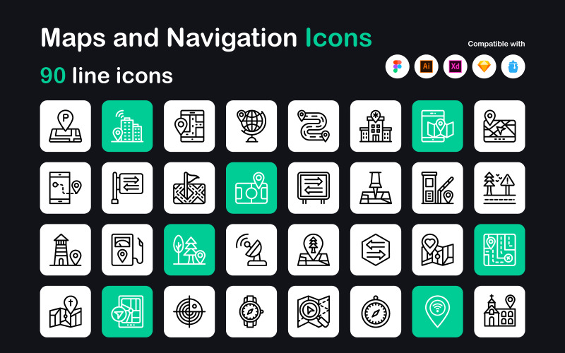 Location Maps Linear Icons Icon Set