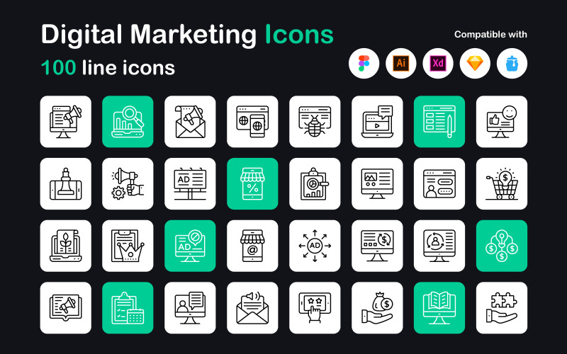 Digital Marketing Linear Icons Icon Set