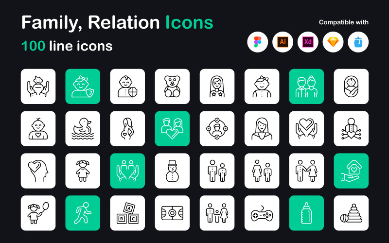Relations and Parenting Line Icons Icon Set