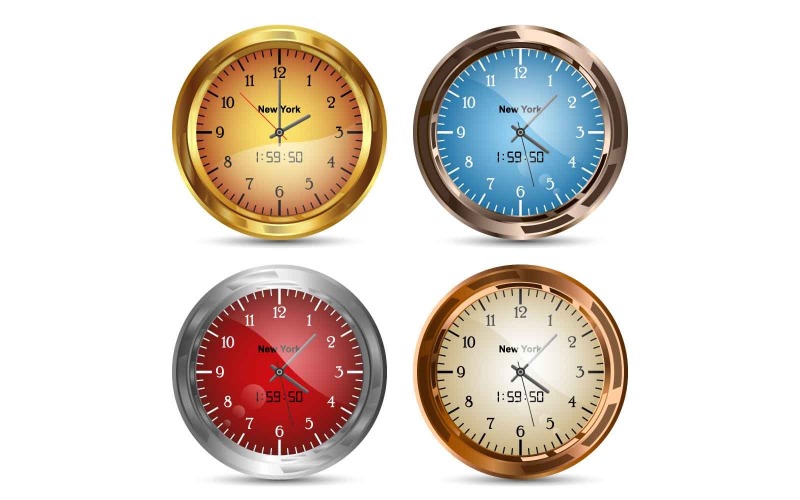 Set Of Different Color Wall Clock Vector Illustration