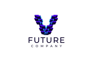 Techno Block Futuristic Letter V Logo