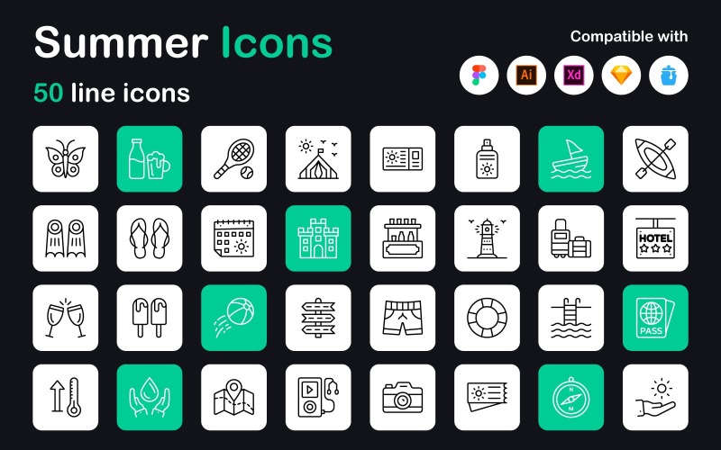 50 Summer Season Linear Icons Icon Set